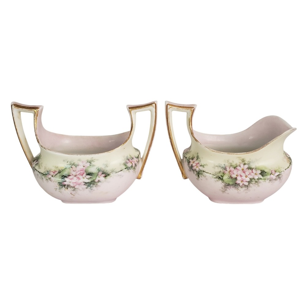 VTG Porcelain Favorite Bavaria Sugar Bowl & Creamer Floral‎ Pink Roses Gold Trim